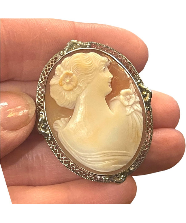 Vintage Mid Century Carved Shell Cameo Large silver brooch Victorian Lady