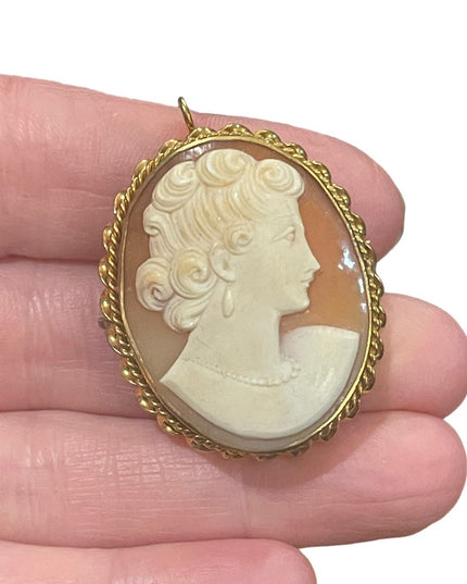 Vintage Mid Century 1950s Gold filled Carved shell Cameo fancy brooch pendant