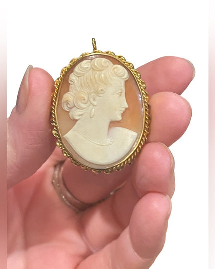 Vintage Mid Century 1950s Gold filled Carved shell Cameo fancy brooch pendant