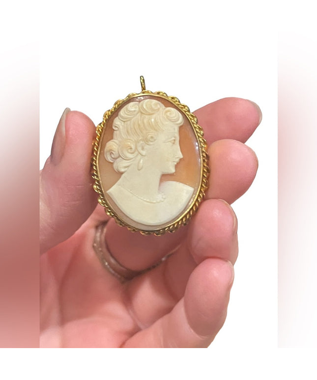 Vintage Mid Century 1950s Gold filled Carved shell Cameo fancy brooch pendant