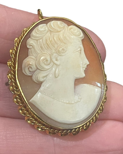Vintage Mid Century 1950s Gold filled Carved shell Cameo fancy brooch pendant
