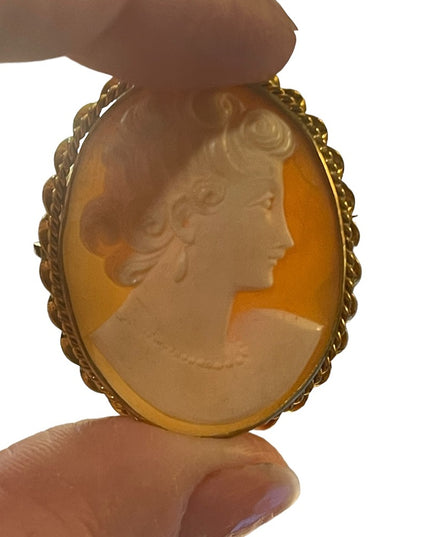 Vintage Mid Century 1950s Gold filled Carved shell Cameo fancy brooch pendant