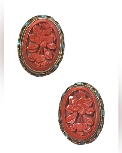 Antique Sterling silver gold wash enameled cinnabar Chinese Export Earrings