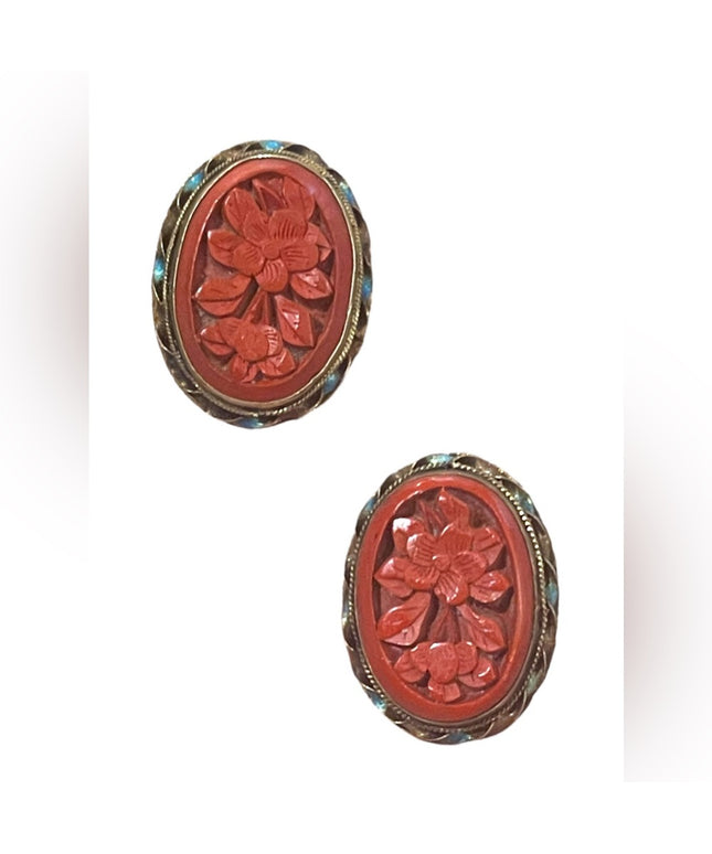 Antique Sterling silver gold wash enameled cinnabar Chinese Export Earrings