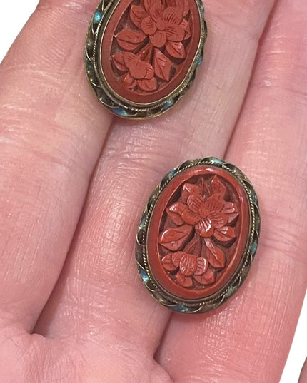 Antique Sterling silver gold wash enameled cinnabar Chinese Export Earrings