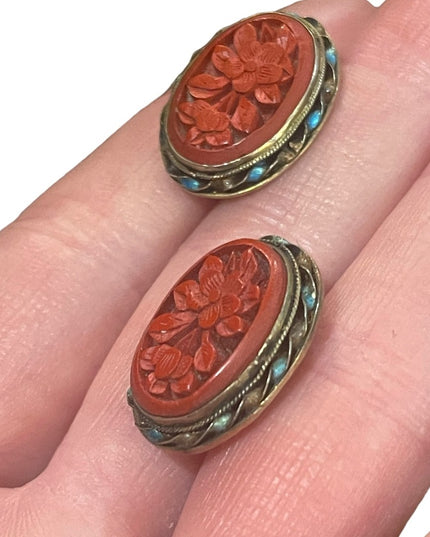 Antique Sterling silver gold wash enameled cinnabar Chinese Export Earrings