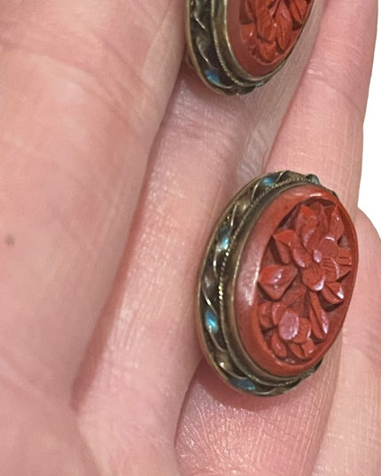 Antique Sterling silver gold wash enameled cinnabar Chinese Export Earrings