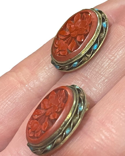 Antique Sterling silver gold wash enameled cinnabar Chinese Export Earrings