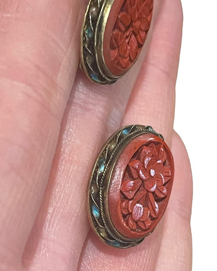 Antique Sterling silver gold wash enameled cinnabar Chinese Export Earrings