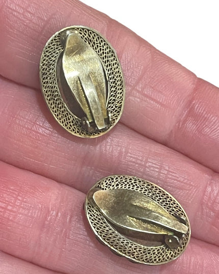 Antique Sterling silver gold wash enameled cinnabar Chinese Export Earrings