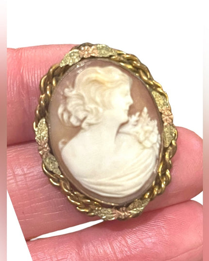 Vintage Mid Century Carved shell Cameo brooch gold wash