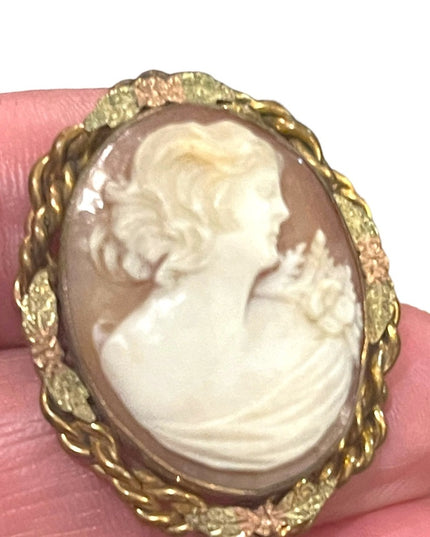 Vintage Mid Century Carved shell Cameo brooch gold wash