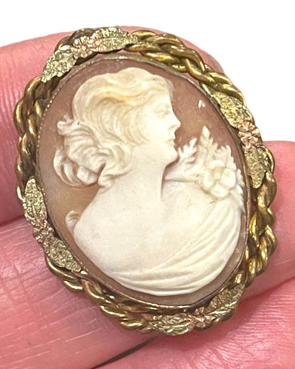 Vintage Mid Century Carved shell Cameo brooch gold wash