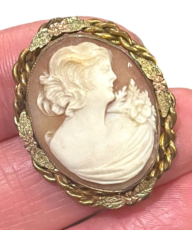 Vintage Mid Century Carved shell Cameo brooch gold wash