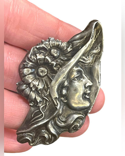 Antique Handmade Sterling silver European Art Nouveau lady wearing hat brooch