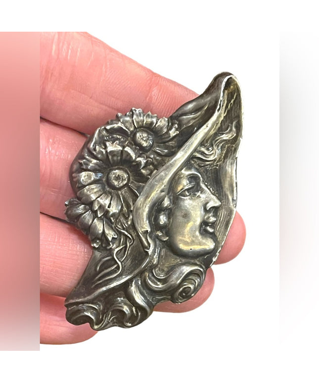 Antique Handmade Sterling silver European Art Nouveau lady wearing hat brooch