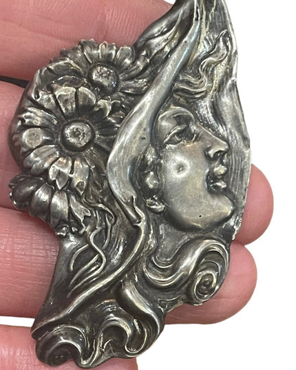 Antique Handmade Sterling silver European Art Nouveau lady wearing hat brooch