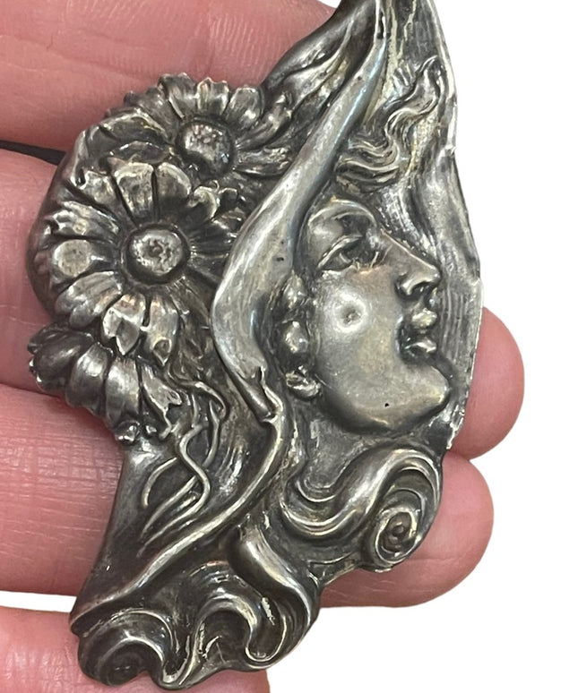 Antique Handmade Sterling silver European Art Nouveau lady wearing hat brooch