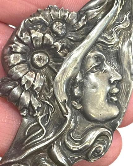 Antique Handmade Sterling silver European Art Nouveau lady wearing hat brooch