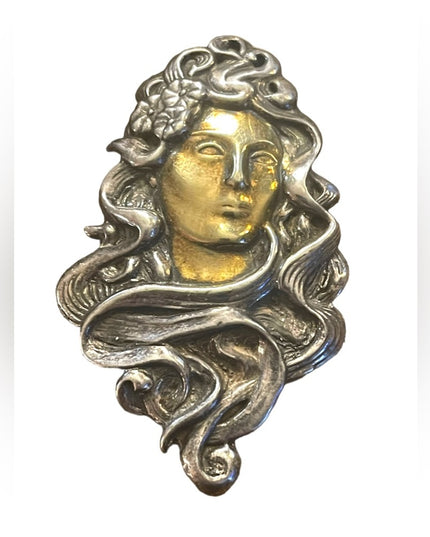 Antique Sterling Silver 925 : gold Handmade Art Nouveau Lady pendant brooch