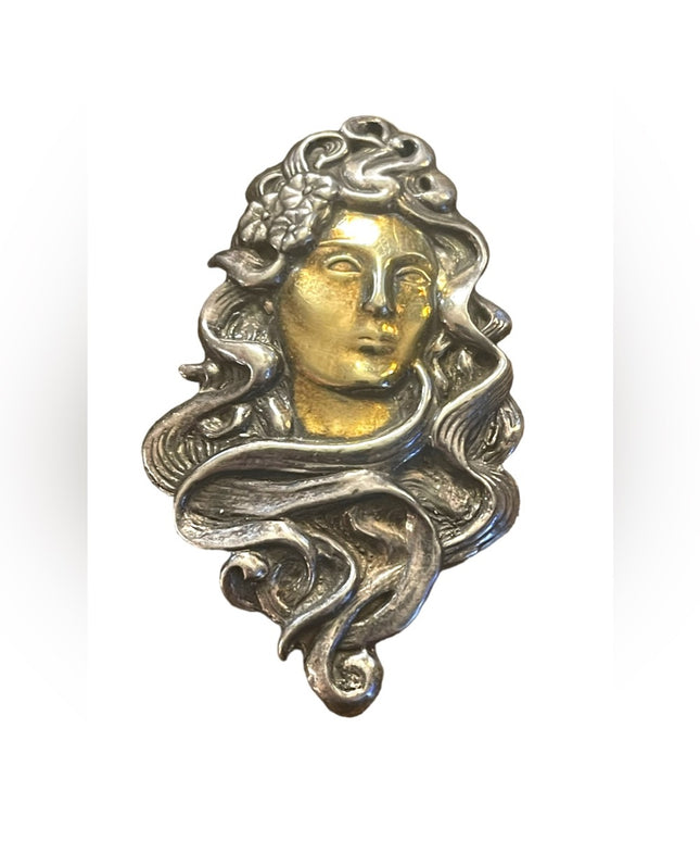 Antique Sterling Silver 925 : gold Handmade Art Nouveau Lady pendant brooch