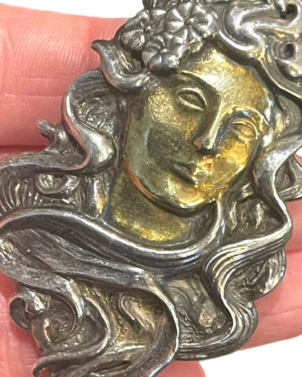 Antique Sterling Silver 925 : gold Handmade Art Nouveau Lady pendant brooch