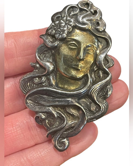 Antique Sterling Silver 925 : gold Handmade Art Nouveau Lady pendant brooch