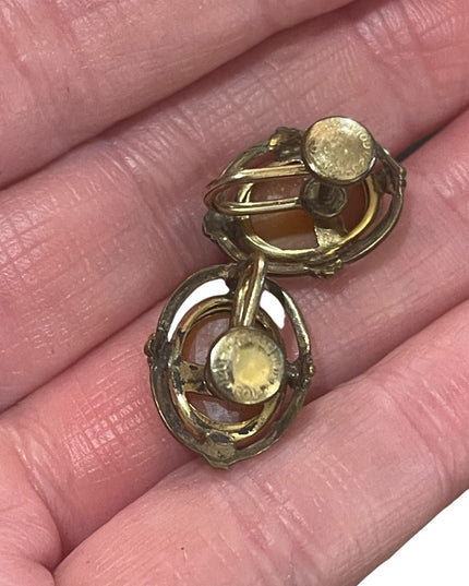 Vintage Van Dell 12k Gold filled 3 Graces carved shell Cameo Earrings 1960s