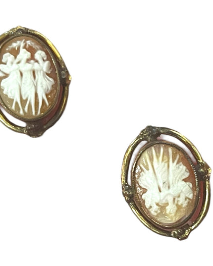 Vintage Van Dell 12k Gold filled 3 Graces carved shell Cameo Earrings 1960s