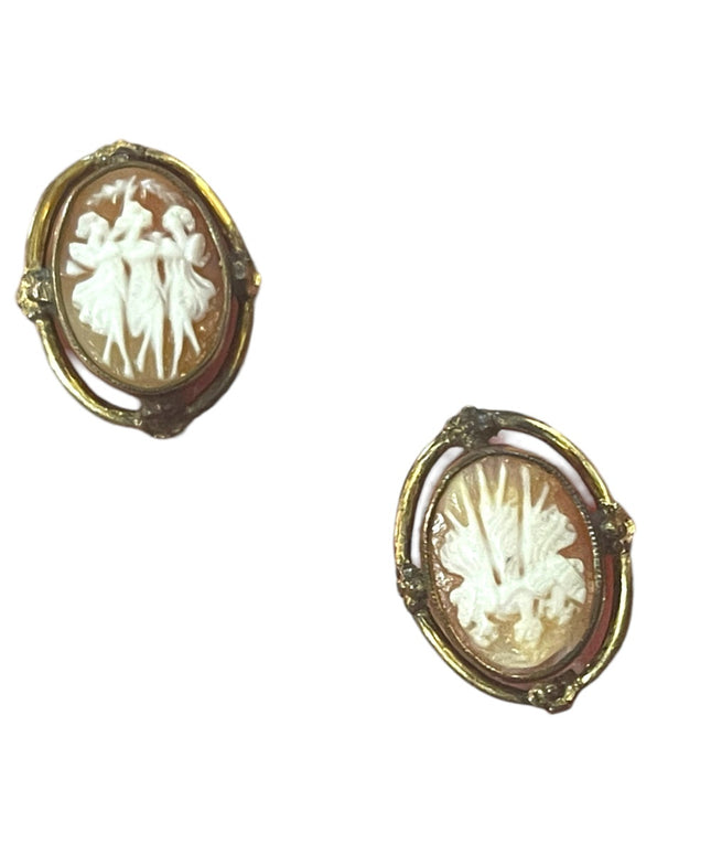 Vintage Van Dell 12k Gold filled 3 Graces carved shell Cameo Earrings 1960s