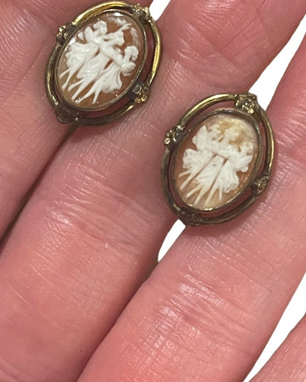 Vintage Van Dell 12k Gold filled 3 Graces carved shell Cameo Earrings 1960s