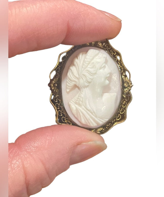 Vintage Mid Century Angel coral carves Ornate filagree Cameo brooch pendant