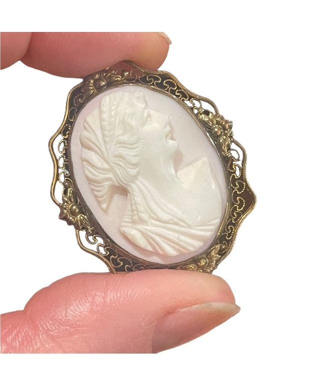 Vintage Mid Century Angel coral carves Ornate filagree Cameo brooch pendant