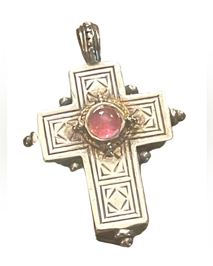 Vintage Gerochristo Sterling silver 18k gold Byzantine Cross ruby stone etched