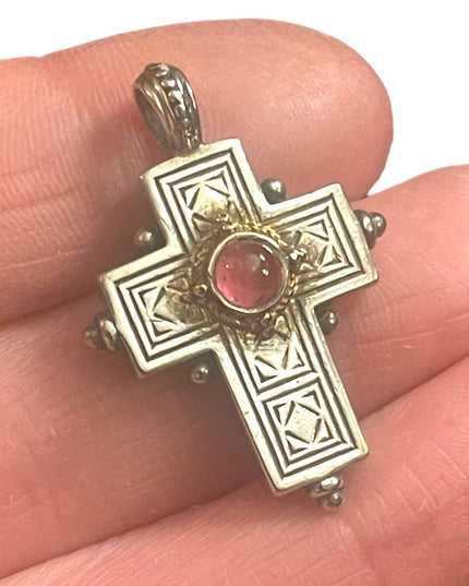 Vintage Gerochristo Sterling silver 18k gold Byzantine Cross ruby stone etched