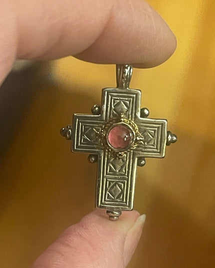 Vintage Gerochristo Sterling silver 18k gold Byzantine Cross ruby stone etched