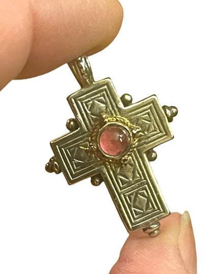 Vintage Gerochristo Sterling silver 18k gold Byzantine Cross ruby stone etched