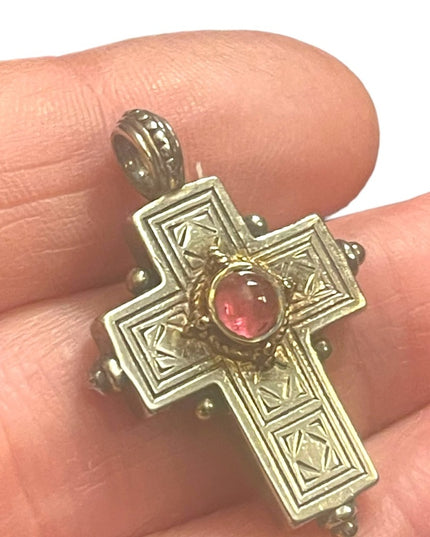 Vintage Gerochristo Sterling silver 18k gold Byzantine Cross ruby stone etched