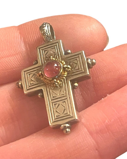 Vintage Gerochristo Sterling silver 18k gold Byzantine Cross ruby stone etched