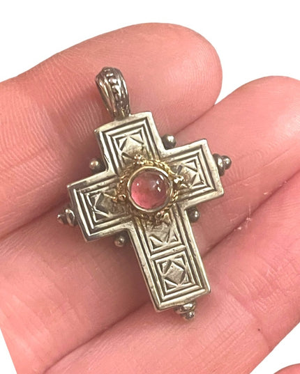 Vintage Gerochristo Sterling silver 18k gold Byzantine Cross ruby stone etched