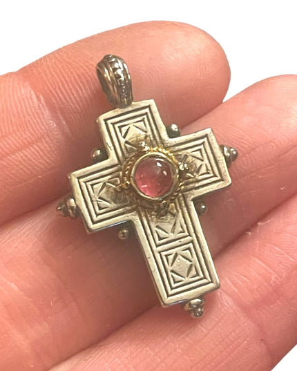 Vintage Gerochristo Sterling silver 18k gold Byzantine Cross ruby stone etched