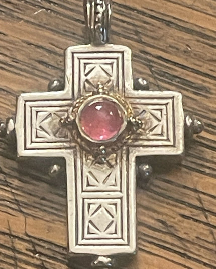 Vintage Gerochristo Sterling silver 18k gold Byzantine Cross ruby stone etched