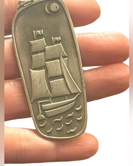 VTG Mid Century Jorgen Jensen Denmark pewter 187 Nordic Ship pendant necklace