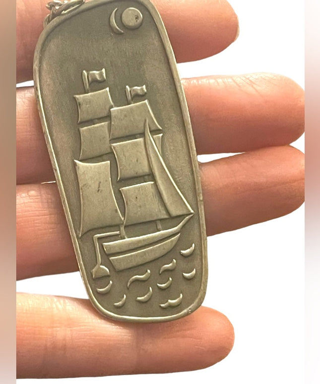 VTG Mid Century Jorgen Jensen Denmark pewter 187 Nordic Ship pendant necklace