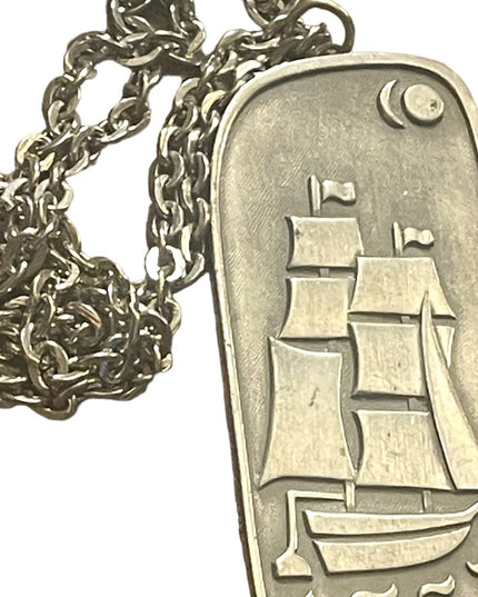 VTG Mid Century Jorgen Jensen Denmark pewter 187 Nordic Ship pendant necklace