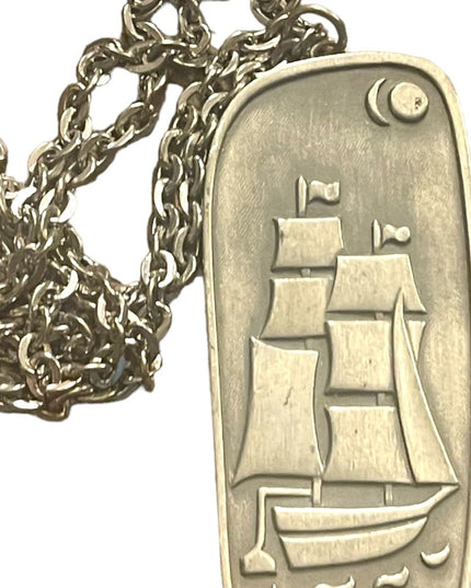 VTG Mid Century Jorgen Jensen Denmark pewter 187 Nordic Ship pendant necklace