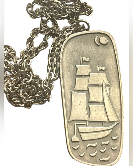 VTG Mid Century Jorgen Jensen Denmark pewter 187 Nordic Ship pendant necklace