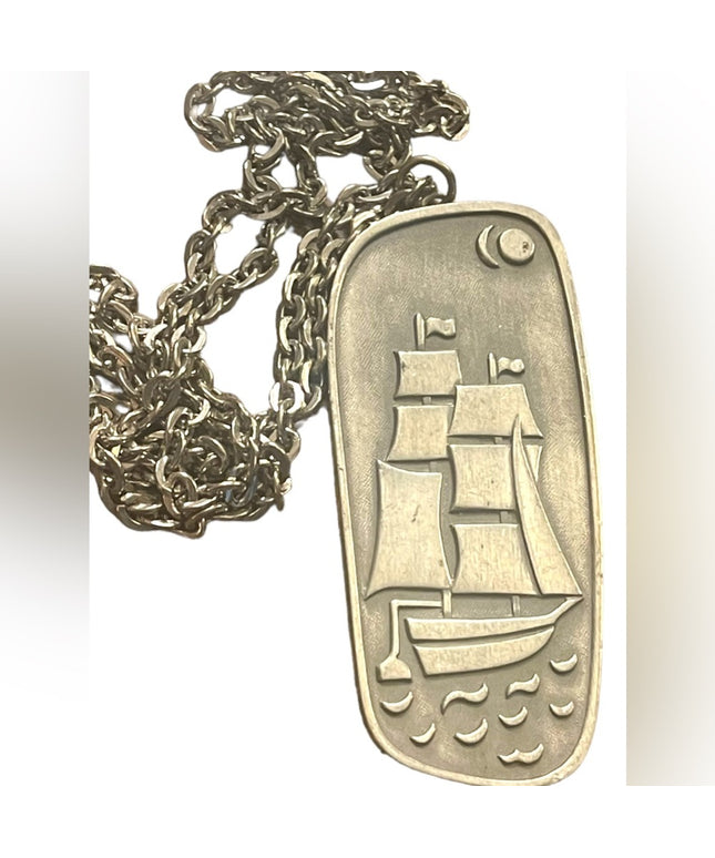 VTG Mid Century Jorgen Jensen Denmark pewter 187 Nordic Ship pendant necklace
