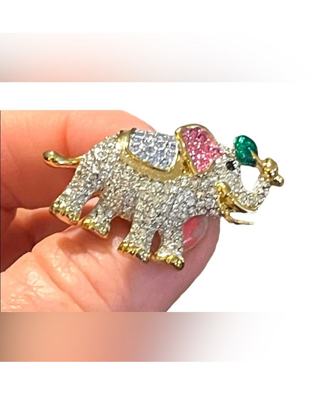 Vintage 1980s La Scala Colorful Swarovski crystal elephant Gold finish fancy