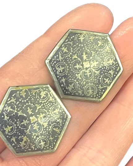 Lovely Antique 800 silver black enamel etched fancy design octagon earri…